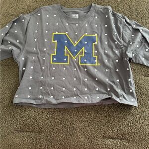 Gray rhinestone crop tee with Michigan Logo